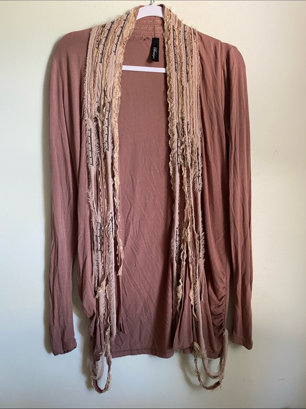 BKE Brown Draped Open-Front Camisole Cardigan with Fringe from the Buckle